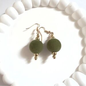 Olive Green Velvet Ball Dangle Earrings